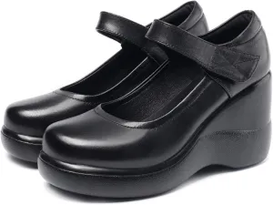 Women's Leather Wedge Mary Jane Shoes Comfort Round Toe Hook Loop Ankle Strap Soft Sole Platform Pumps Business Office Formal Shoes