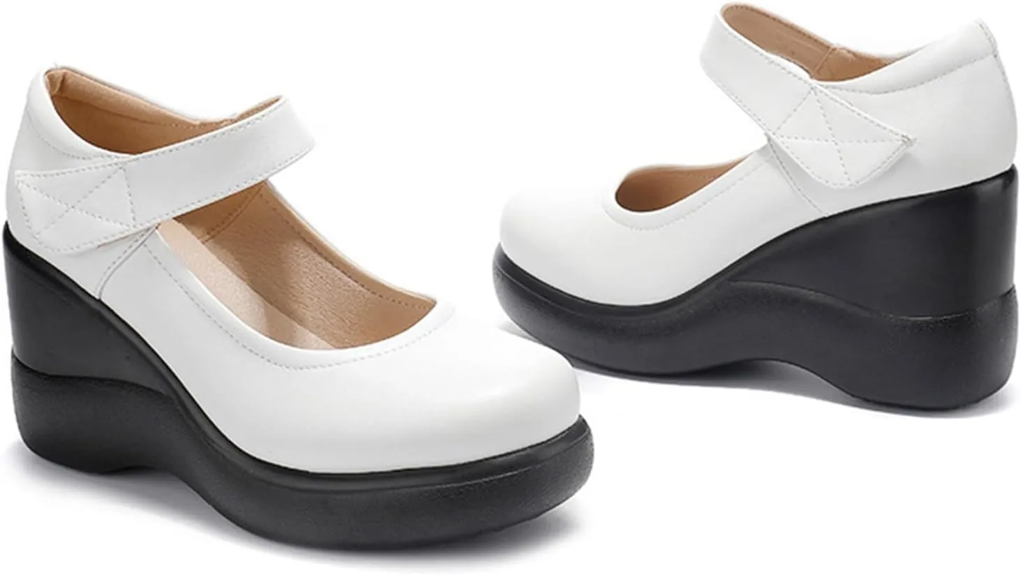 Women's Leather Wedge Mary Jane Shoes Comfort Round Toe Hook Loop Ankle Strap Soft Sole Platform Pumps Business Office Formal Shoes