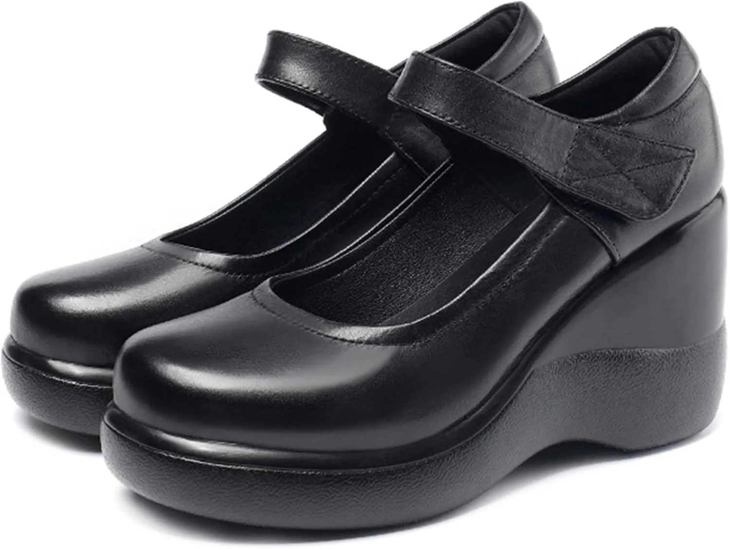 Women's Leather Wedge Mary Jane Shoes Comfort Round Toe Hook Loop Ankle Strap Soft Sole Platform Pumps Business Office Formal Shoes