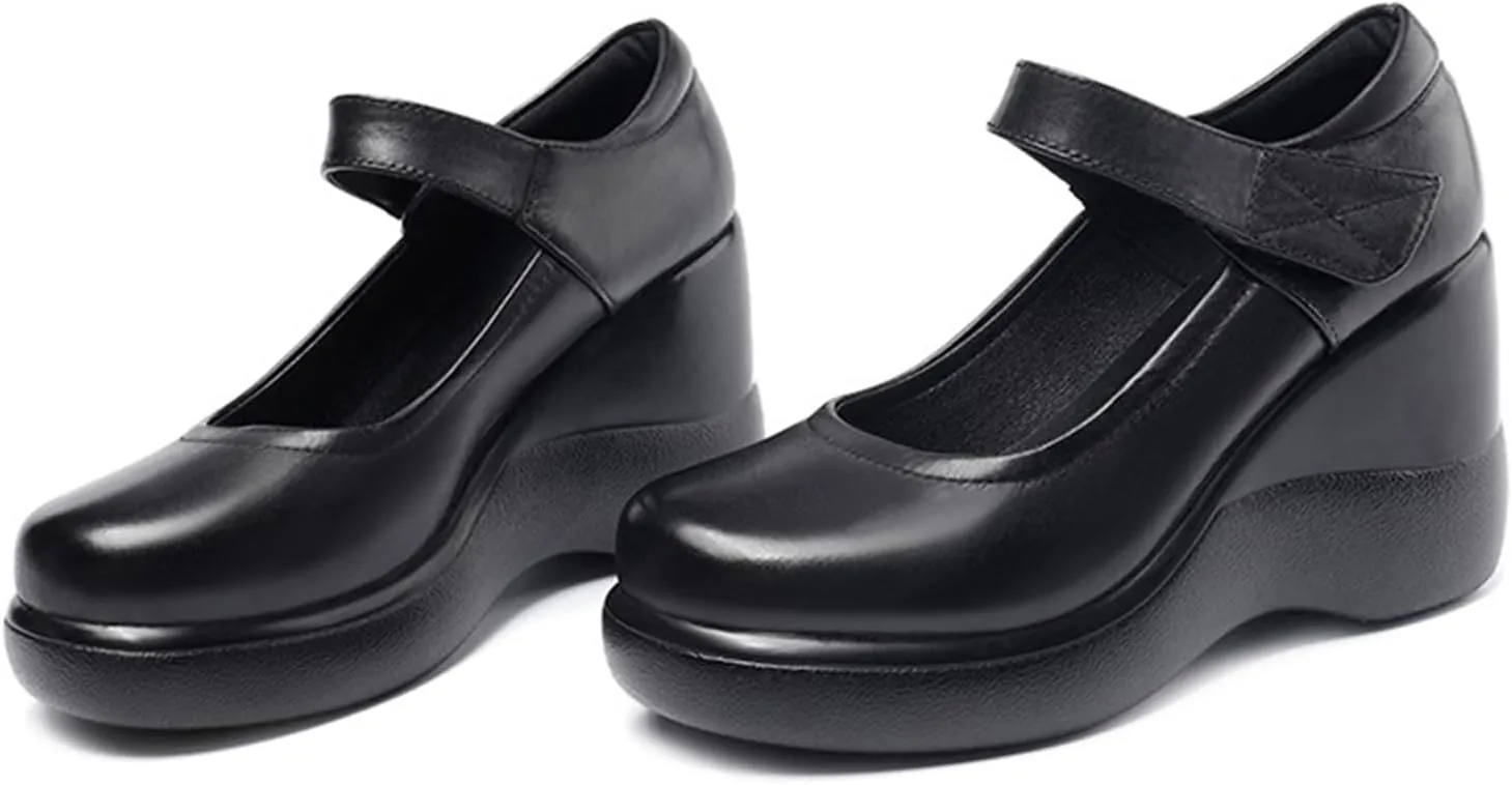 Women's Leather Wedge Mary Jane Shoes Comfort Round Toe Hook Loop Ankle Strap Soft Sole Platform Pumps Business Office Formal Shoes