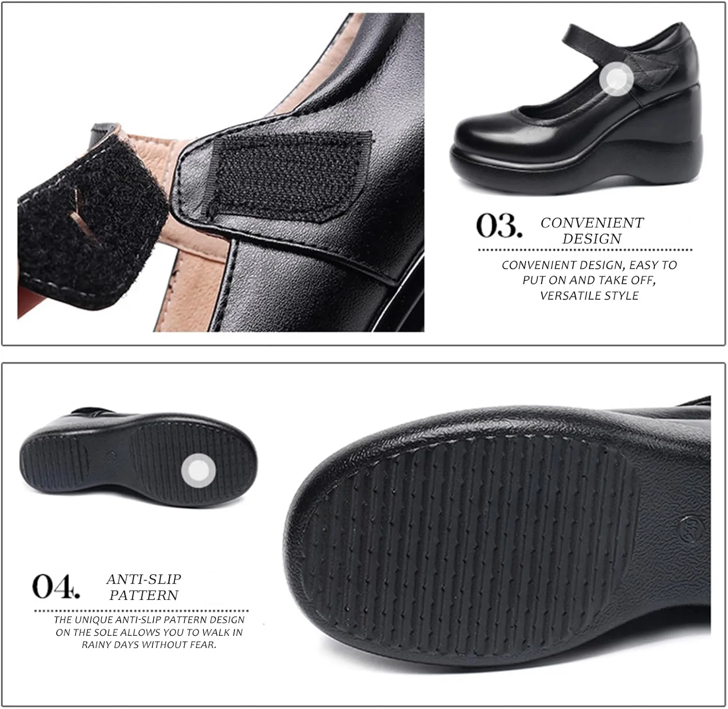 Women's Leather Wedge Mary Jane Shoes Comfort Round Toe Hook Loop Ankle Strap Soft Sole Platform Pumps Business Office Formal Shoes