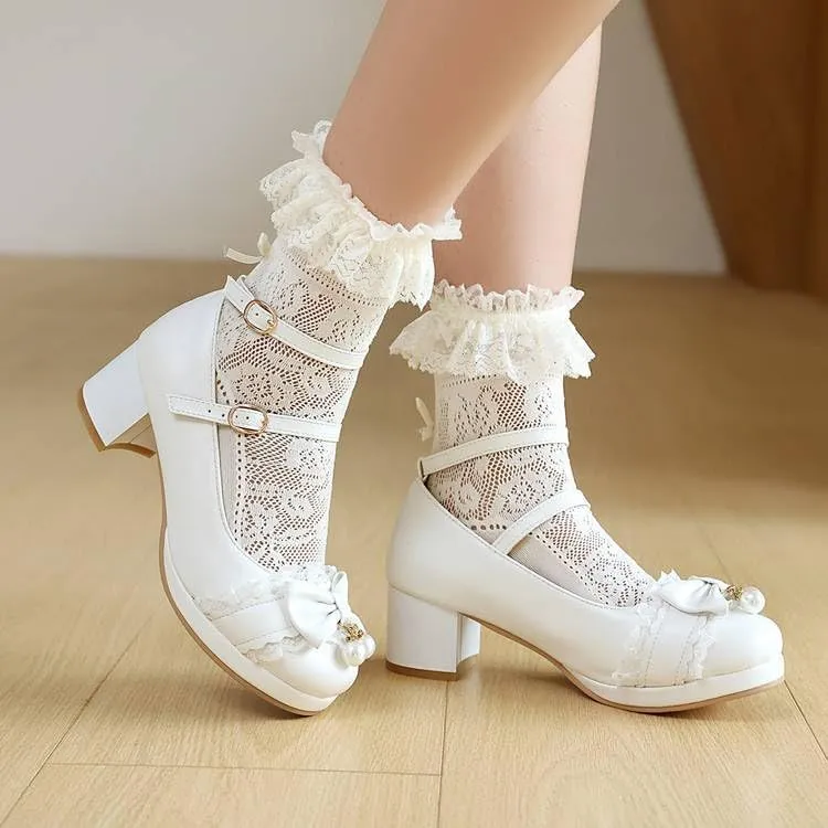 Women's Lolita Lace Bows Round Heel Platform Mary Janes Pumps