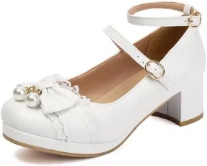Women's Lolita Lace Bows Round Heel Platform Mary Janes Pumps
