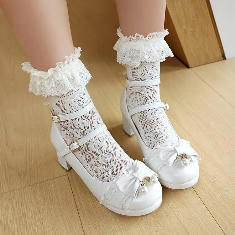 Women's Lolita Lace Bows Round Heel Platform Mary Janes Pumps