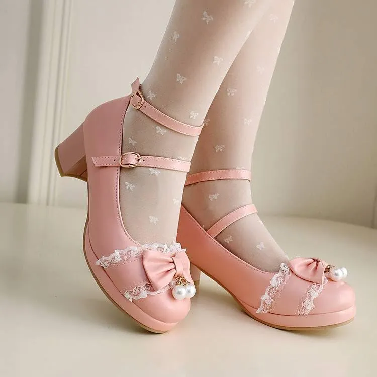 Women's Lolita Lace Bows Round Heel Platform Mary Janes Pumps