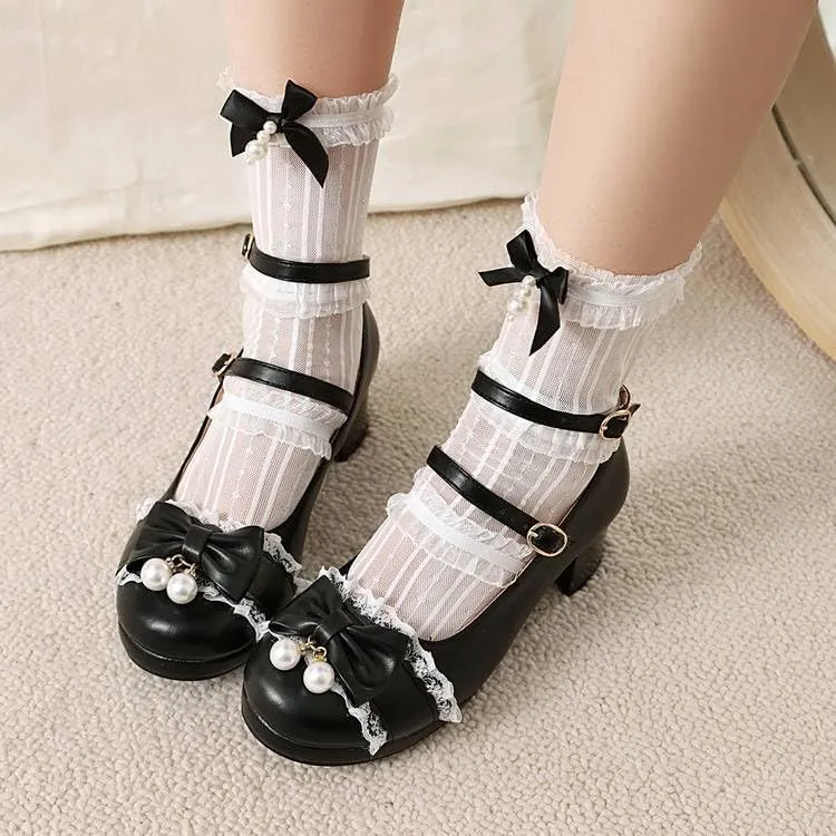 Women's Lolita Lace Bows Round Heel Platform Mary Janes Pumps
