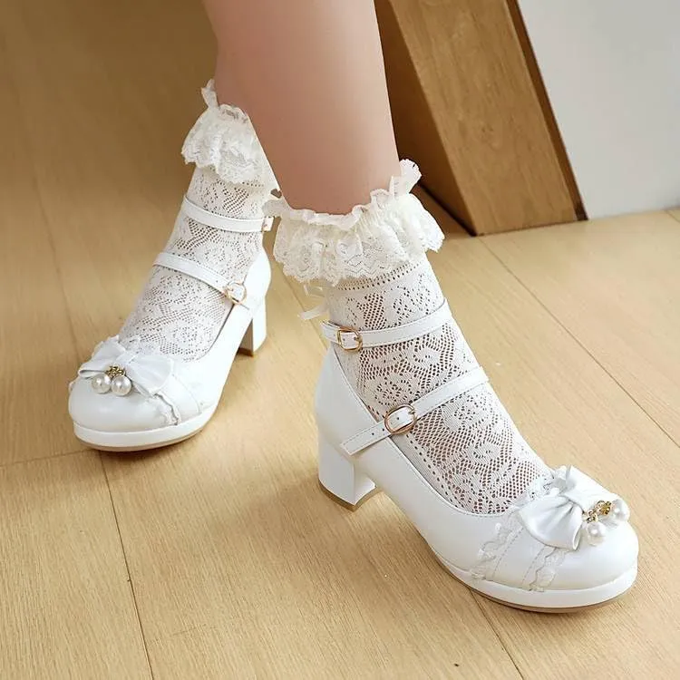 Women's Lolita Lace Bows Round Heel Platform Mary Janes Pumps