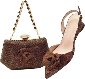 Women's Luxury Crystal Party Shoes and Bag Set with Pointed Toe Hoof Heel Slingbacks for Wedding