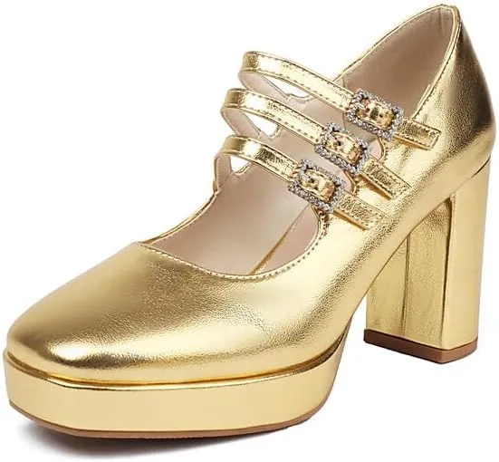 Women's Metal Glossy Square Toe Platform Pumps Square Heel Mary Janes