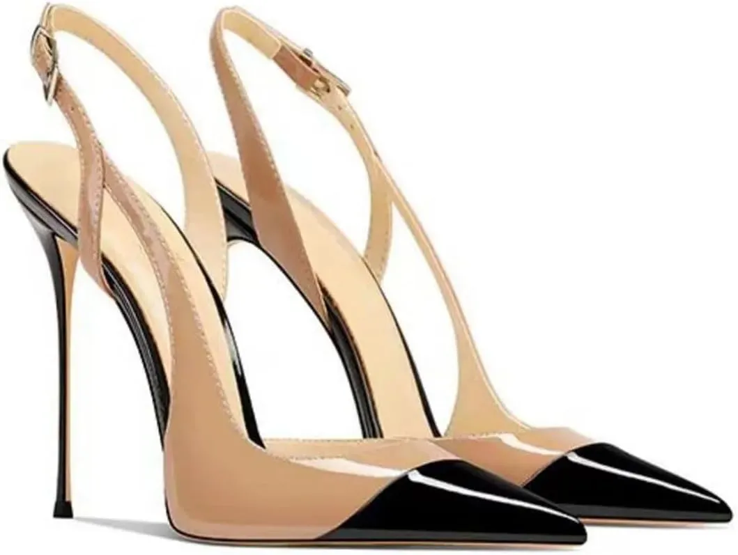 Women's Mixed Color Patent Pumps Pointed Toe High Heels T-Strap Party Casual Shoes