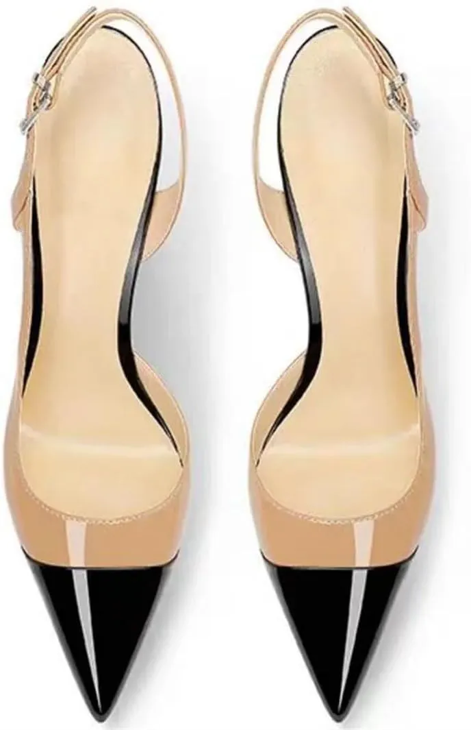 Women's Mixed Color Patent Pumps Pointed Toe High Heels T-Strap Party Casual Shoes