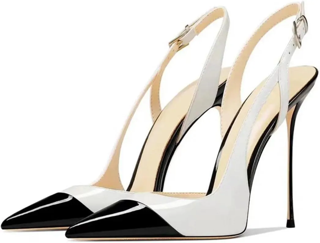 Women's Mixed Color Patent Pumps Pointed Toe High Heels T-Strap Party Casual Shoes