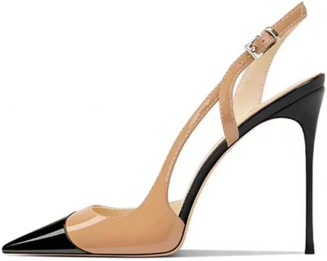 Women's Mixed Color Patent Pumps Pointed Toe High Heels T-Strap Party Casual Shoes