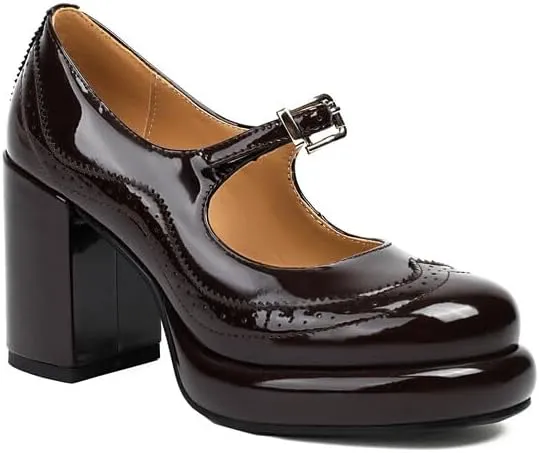 Women's Patent Leather Mary Janes Platform Square High Heel Pumps