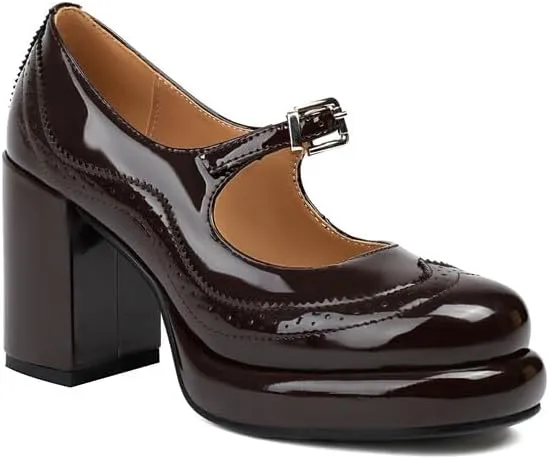 Women's Patent Leather Mary Janes Platform Square High Heel Pumps