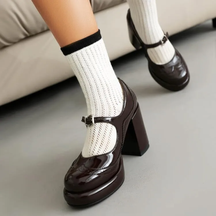 Women's Patent Leather Mary Janes Platform Square High Heel Pumps