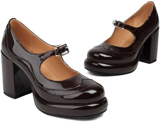 Women's Patent Leather Mary Janes Platform Square High Heel Pumps