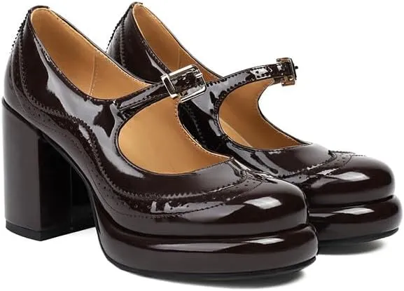 Women's Patent Leather Mary Janes Platform Square High Heel Pumps
