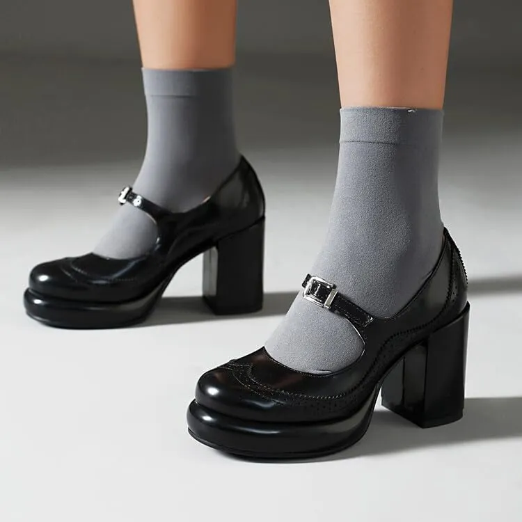 Women's Patent Leather Mary Janes Platform Square High Heel Pumps