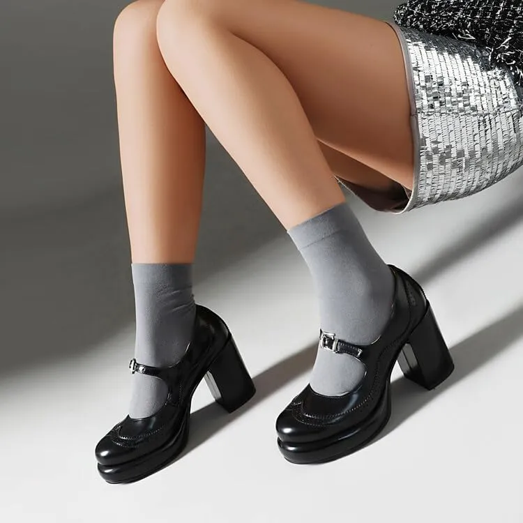 Women's Patent Leather Mary Janes Platform Square High Heel Pumps