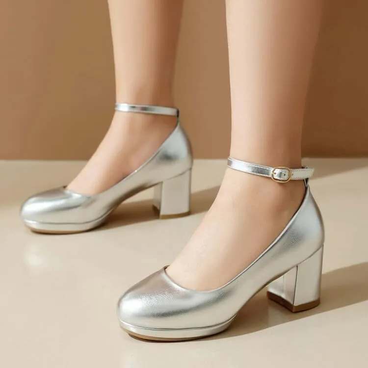 Women's Patent Leather Platform Square Heel Ankle Strap Pumps