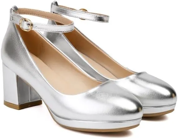 Women's Patent Leather Platform Square Heel Ankle Strap Pumps
