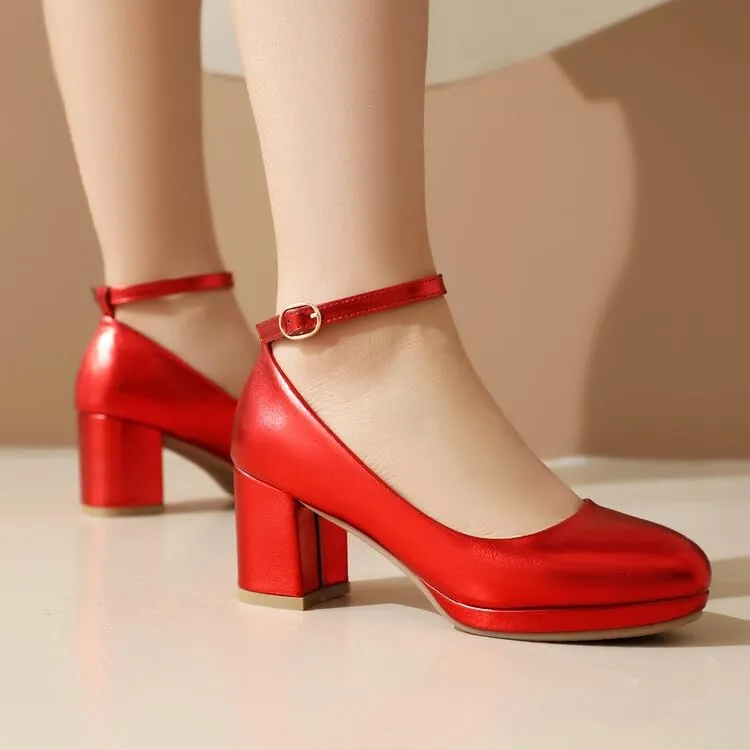 Women's Patent Leather Platform Square Heel Ankle Strap Pumps