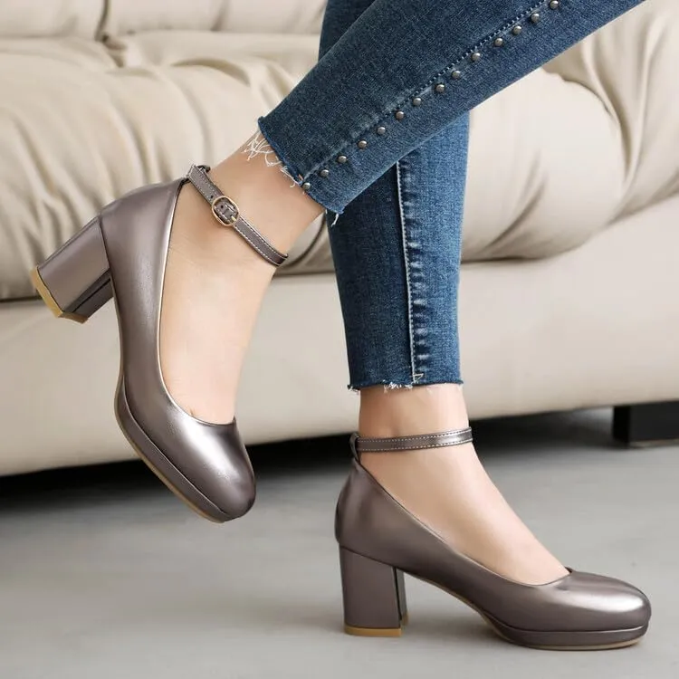 Women's Patent Leather Platform Square Heel Ankle Strap Pumps