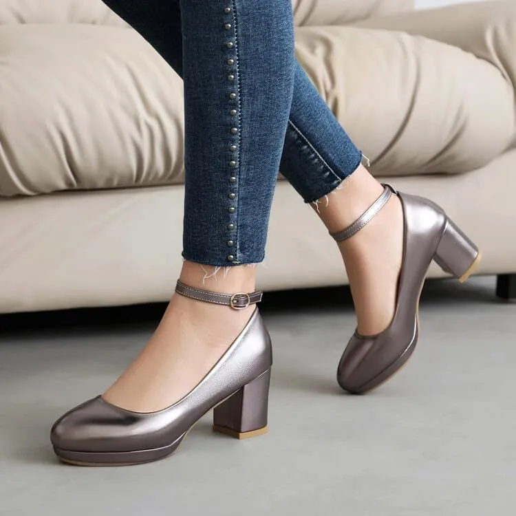 Women's Patent Leather Platform Square Heel Ankle Strap Pumps