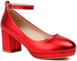 Women's Patent Leather Platform Square Heel Ankle Strap Pumps