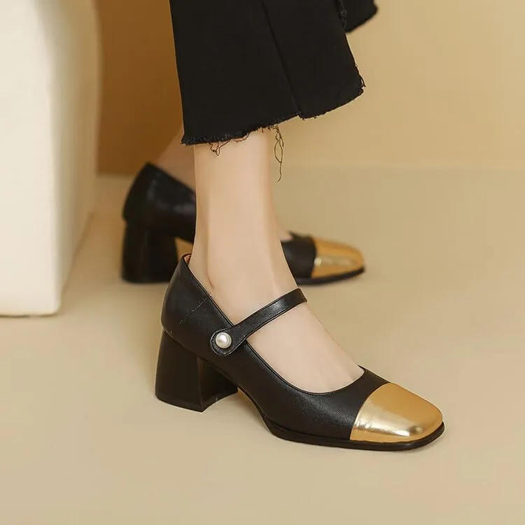 Women's Patent Leather Square Toe Chunky Heel Mary Jane Pumps