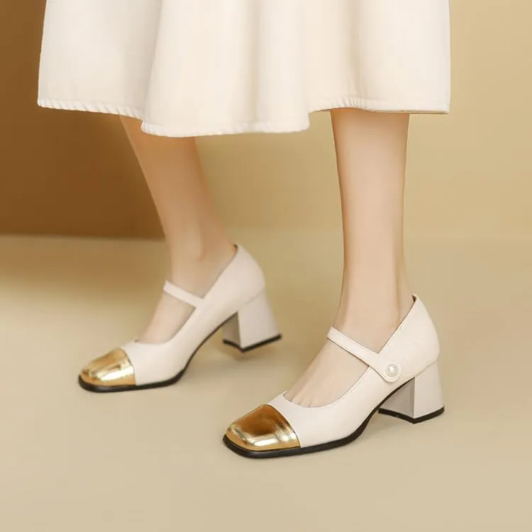 Women's Patent Leather Square Toe Chunky Heel Mary Jane Pumps