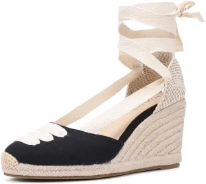 Womens Platform Wedges Espadrilles, 3" Wedge, Soft Ankle-Tie Strap, Closed Toe, Classic Summer Sandals
