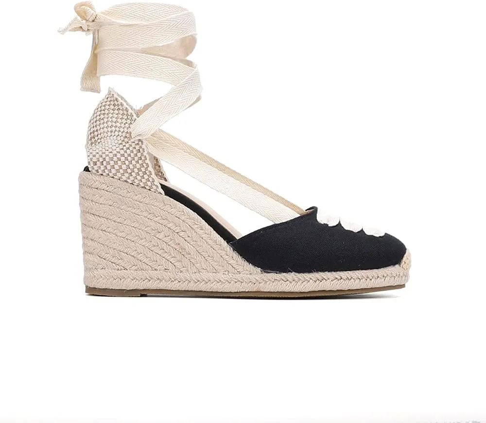 Womens Platform Wedges Espadrilles, 3" Wedge, Soft Ankle-Tie Strap, Closed Toe, Classic Summer Sandals