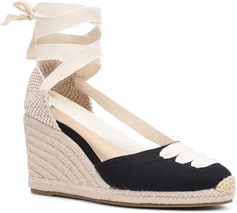Womens Platform Wedges Espadrilles, 3" Wedge, Soft Ankle-Tie Strap, Closed Toe, Classic Summer Sandals