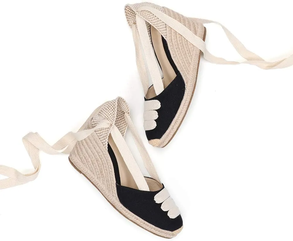 Womens Platform Wedges Espadrilles, 3" Wedge, Soft Ankle-Tie Strap, Closed Toe, Classic Summer Sandals