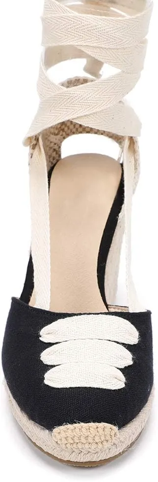 Womens Platform Wedges Espadrilles, 3" Wedge, Soft Ankle-Tie Strap, Closed Toe, Classic Summer Sandals