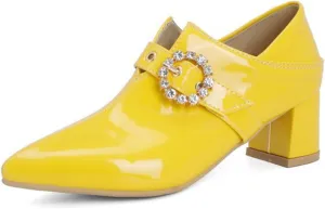 Women's Pointed Toe Dress Pumps Rhinestone Buckle Faux Leather Fashion Chunky Mid Heel Office Shoes