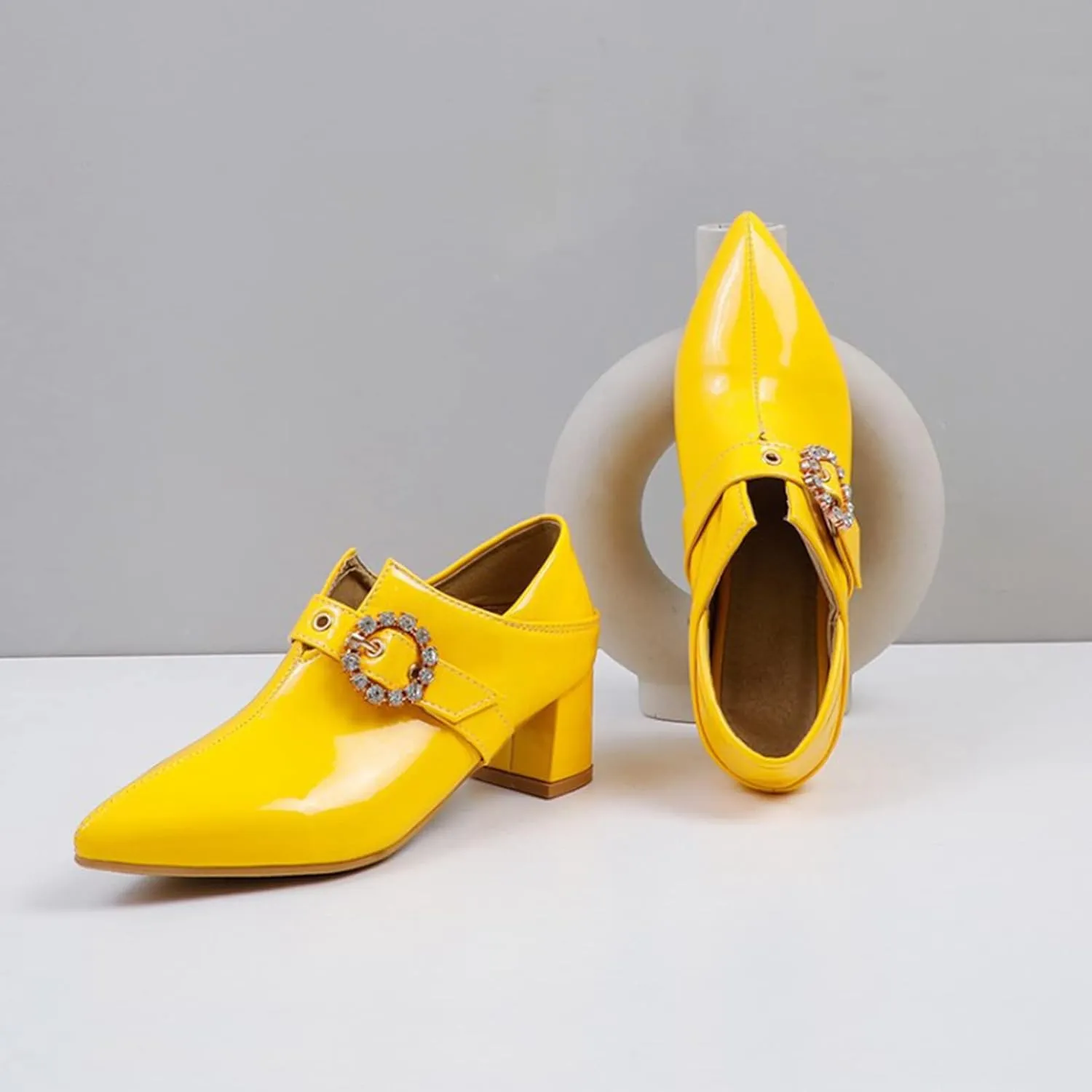 Women's Pointed Toe Dress Pumps Rhinestone Buckle Faux Leather Fashion Chunky Mid Heel Office Shoes