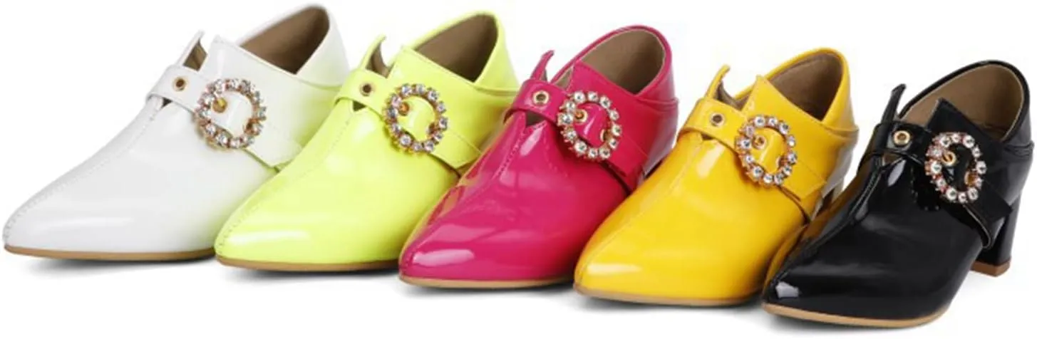 Women's Pointed Toe Dress Pumps Rhinestone Buckle Faux Leather Fashion Chunky Mid Heel Office Shoes