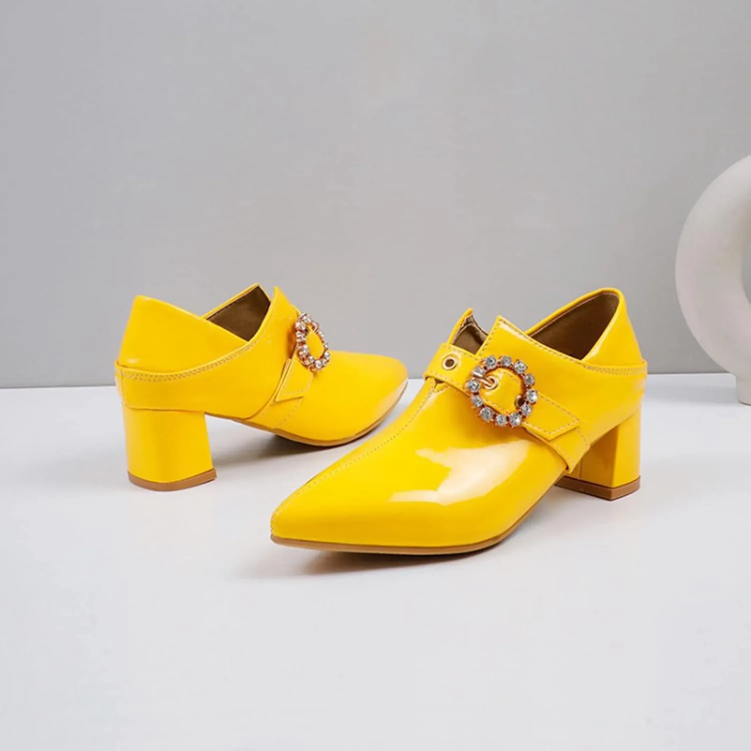 Women's Pointed Toe Dress Pumps Rhinestone Buckle Faux Leather Fashion Chunky Mid Heel Office Shoes
