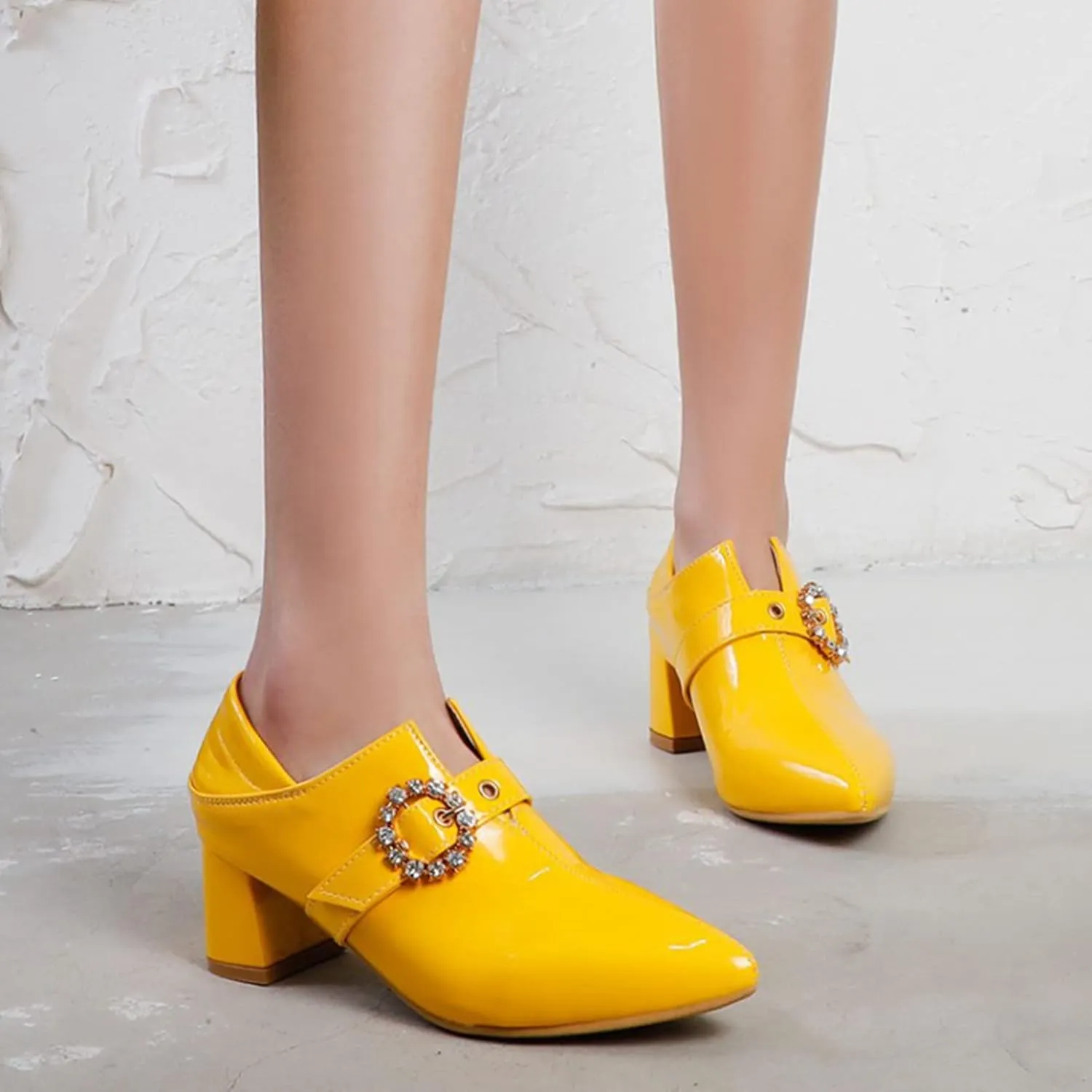 Women's Pointed Toe Dress Pumps Rhinestone Buckle Faux Leather Fashion Chunky Mid Heel Office Shoes