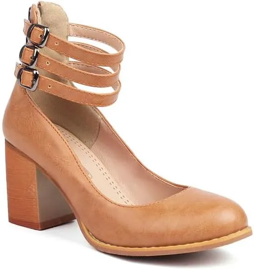 Women's Round Toe Ankle Straps Block High Heel Pumps