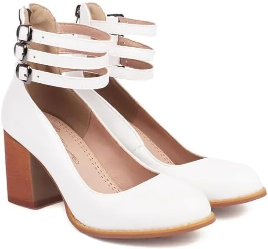Women's Round Toe Ankle Straps Block High Heel Pumps