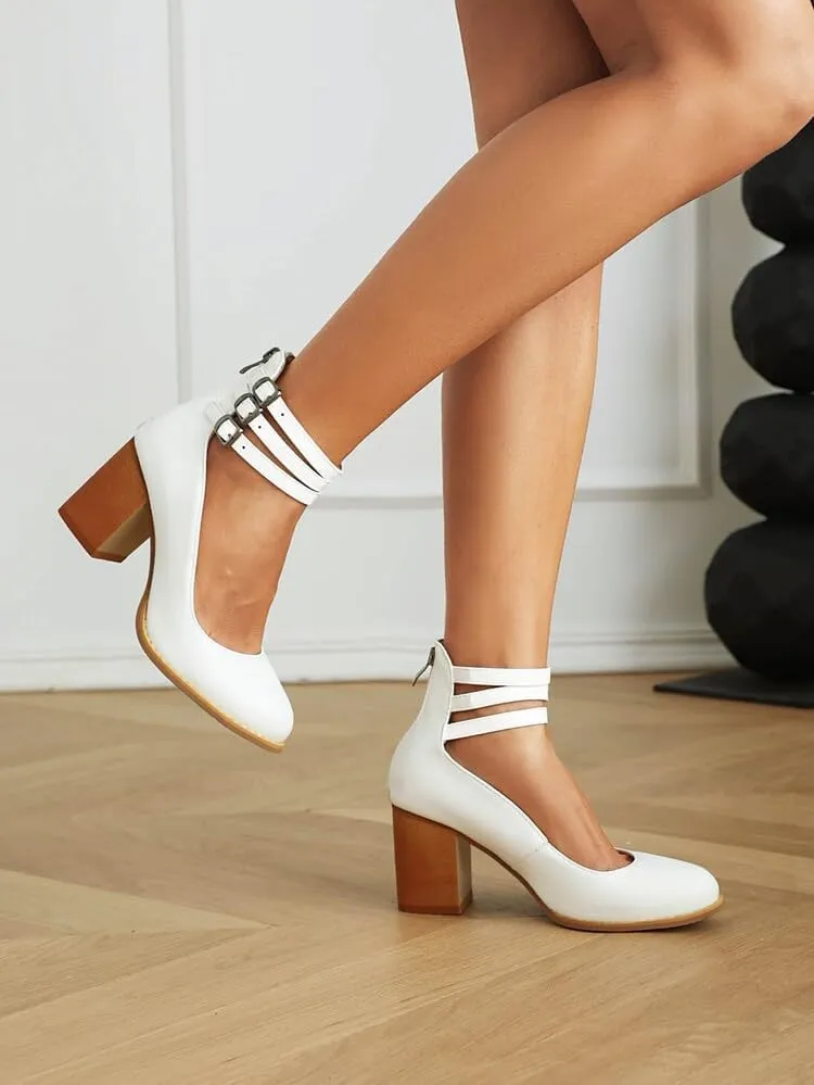 Women's Round Toe Ankle Straps Block High Heel Pumps