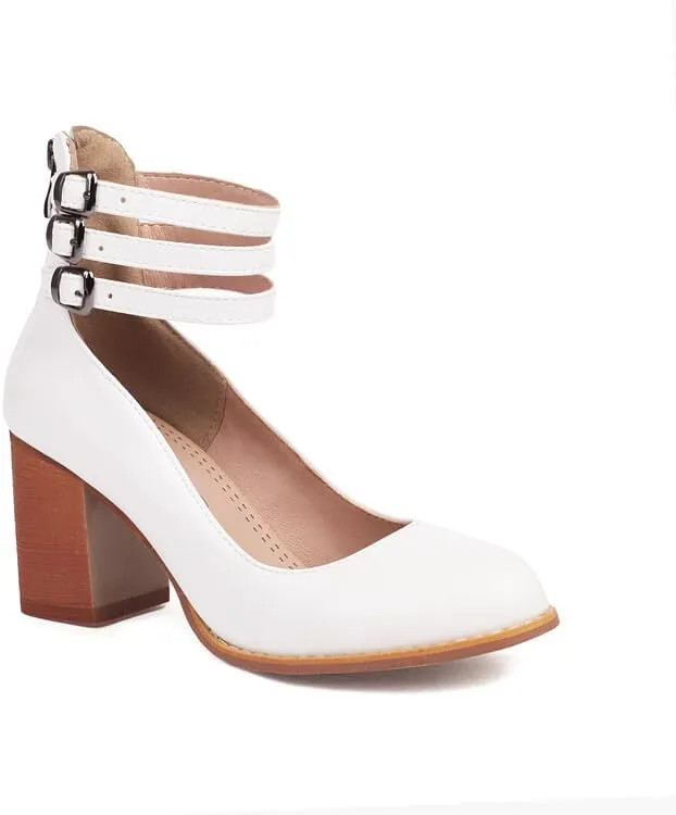 Women's Round Toe Ankle Straps Block High Heel Pumps