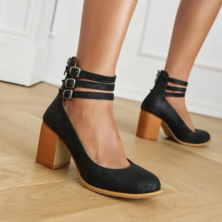 Women's Round Toe Ankle Straps Block High Heel Pumps