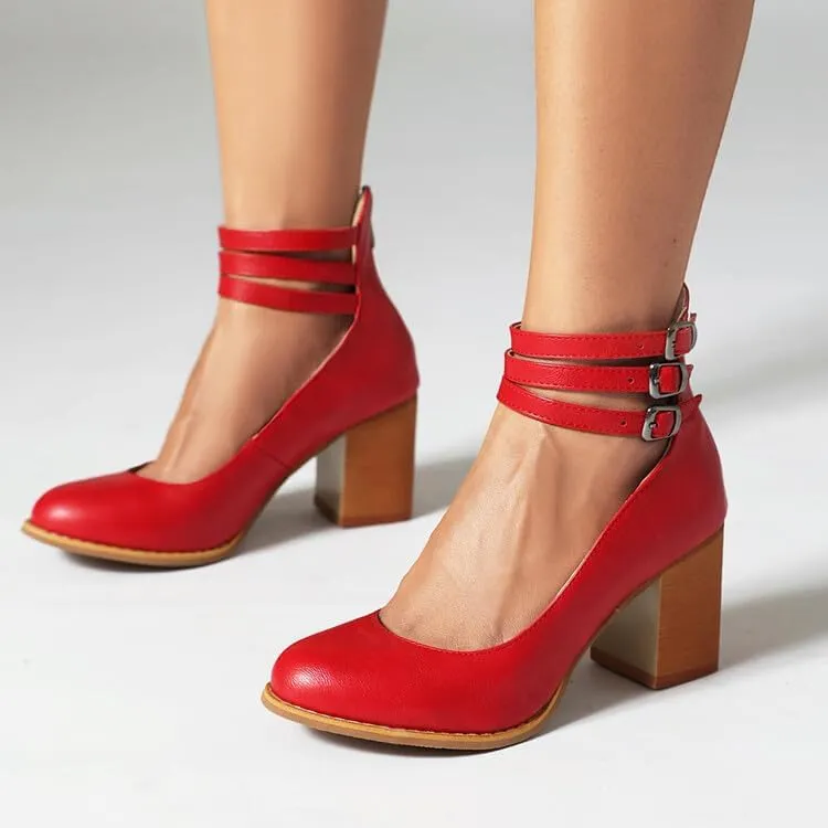 Women's Round Toe Ankle Straps Block High Heel Pumps