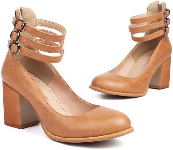 Women's Round Toe Ankle Straps Block High Heel Pumps