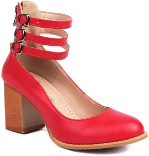 Women's Round Toe Ankle Straps Block High Heel Pumps